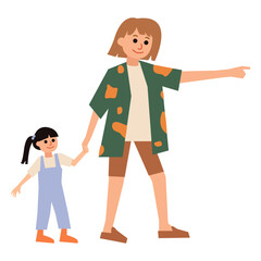 Mother holding daughter's hand flat illustration