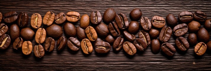 Roasted Coffee beans on wooden background, texture and copy spase, panorama top view.