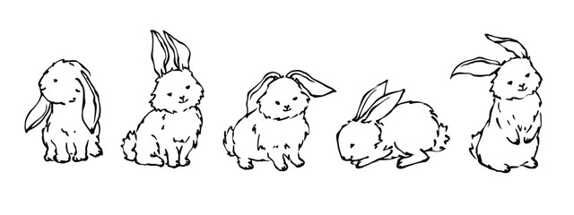 A set of sketches, doodles of little rabbits, bunnies. Vector graphics.