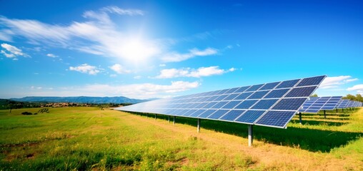 sunny field with lot of photovoltaic solar  panels and clouds in background