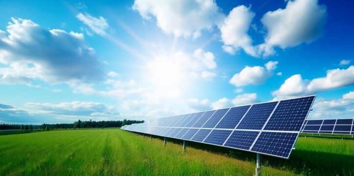 sunny field with lot of photovoltaic solar  panels and clouds in background