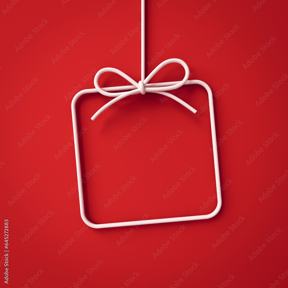 Poster Hanging minimal gift box frame border or 3d present box icon isolated on red background with shadow minimal conceptual 3D rendering