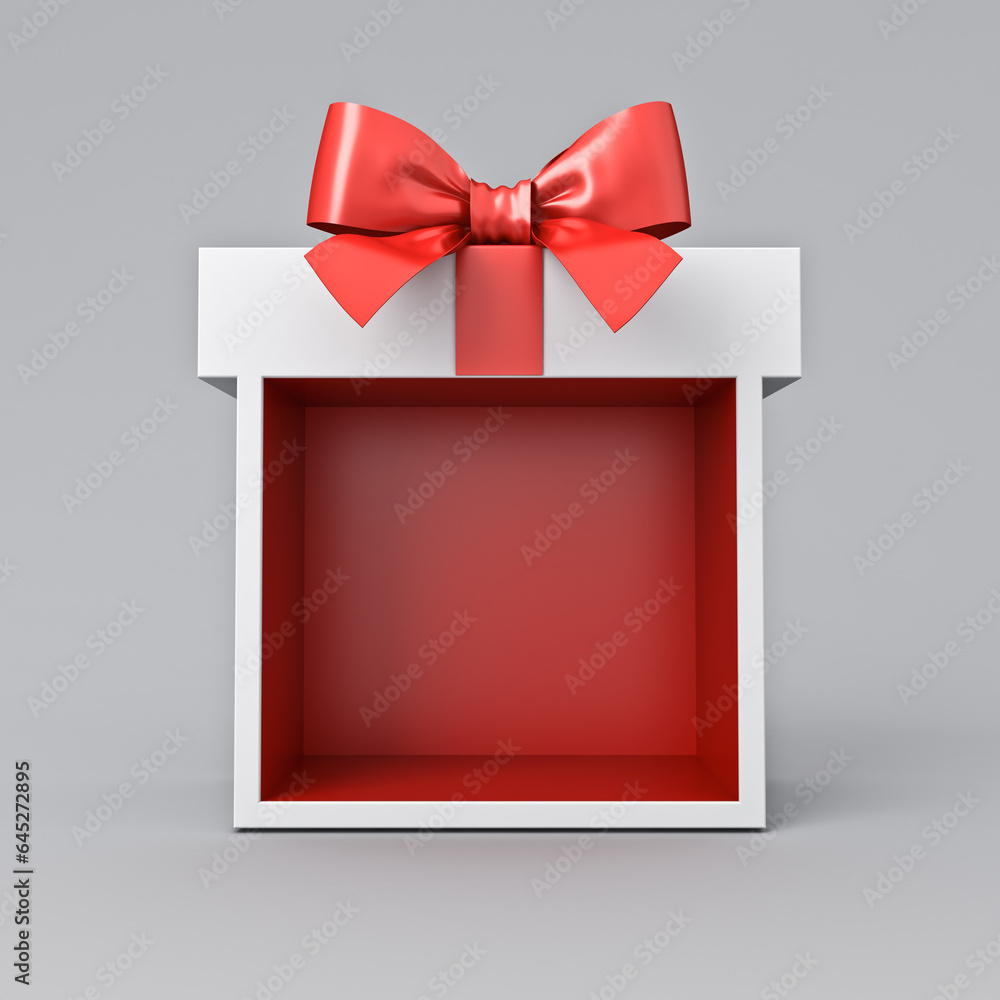 Aufkleber blank red gift box exhibition booth mock up stand or gift display showcase with red ribbon bow isola