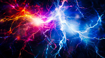 Obraz premium Electric sparks in blue and orange tones on a black background. Concept of electricity, energy and the spark of life.