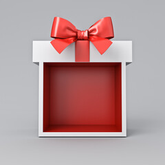 Blank red gift box exhibition booth mock up stand or gift display showcase with red ribbon bow isolated on grey background minimal conceptual 3D rendering