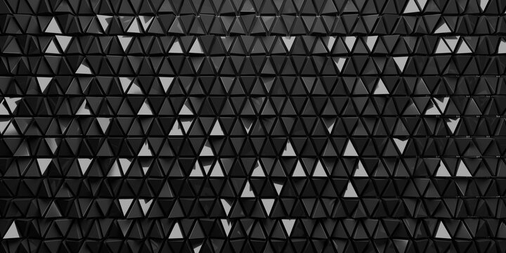 Polished, 3D Mosaic Tiles arranged in the shape of a wall. Triangular, glossy shiny Bricks stacked to create a Black block background. 3D Render