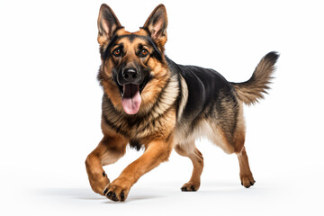 a german shepherd dog running with its tongue out - obrazy, fototapety, plakaty