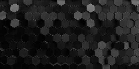 3d Charcoal black Natural wooden Wall background with hexagonal blocks. Hexagonal, tile Wallpaper with Textured, Polished blocks. Matt black wooden blocks. 3D Render