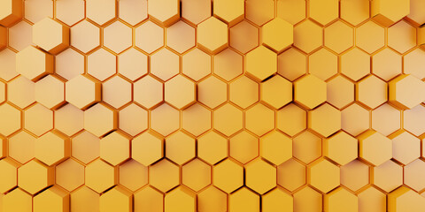 3d render, yellow orange honeycomb wall texture, yellow orange hexagon clusters digital illustration, abstract geometric background