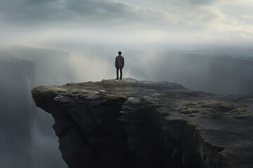A lone silhouette stands precariously at a cliff's edge, representing the feelings of entrapment and desperation that victims of abuse might experience