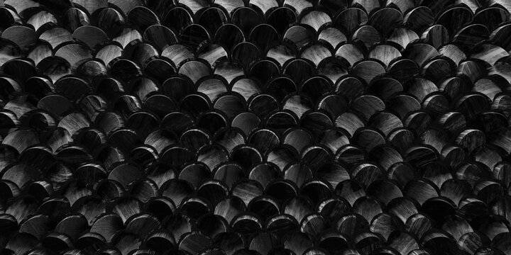 Fish Scale Charcoal black wooden Tiles arranged to create a Natural wall. 3D, Textured Background formed from burned  wooden blocks. Matt finish. 3D Render