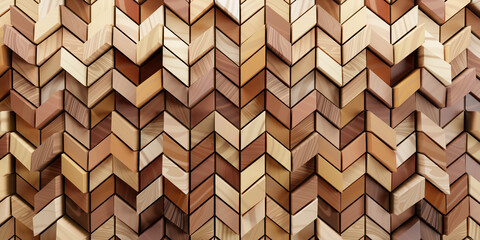 Wood, 3D Mosaic Tiles arranged in the shape of a wall. Soft sheen, Timber, Blocks stacked to create a chevron block background. 3D Render