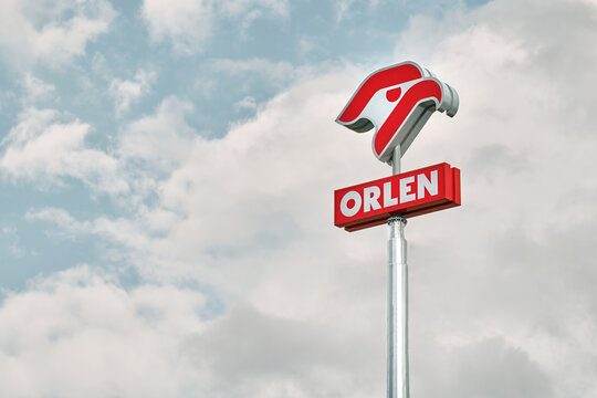 02.09.2023 Poland, Europe. Logo of the Polish oil company "Orlen" on the background of blue sky. PKN Orlen logo with a blue sky background - Orlen is the largest petrol retailer in Poland.