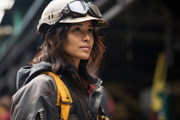 A female construction worker in overalls . Generative AI.