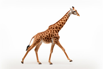 a giraffe walking on a white surface with a white background