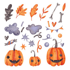 A set with pumpkins, garlands, autumn leaves and stars. Watercolor illustration. Holiday. Halloween. Autumn. Season. The clouds. Candies. Handmade work. Art. Design. Dice. Cartoon. Cute.