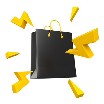 Flying black shopping bag with and yellow thunder bolts. Black Friday and sale event concept. 3d rendering.