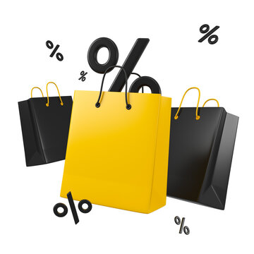 Flying two black and one yellow shopping bags with a percent sign. Black Friday and sale event concept. 3d rendering.