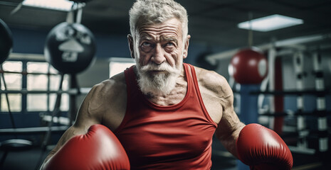Ageless muscular fit old man with grey hair energetic in with red boxing globes training in box gym - obrazy, fototapety, plakaty