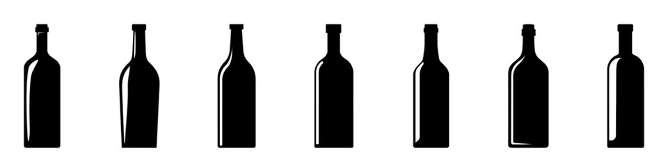 Wine bottle. Bottles silhouettes. Bottle icons set. Collection of wine bottle shapes.