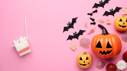 halloween banner copy space with halloween pumpkin, bat, chocolate, spooky  item frame isolated on soft pink background
