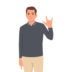 Fototapeta premium Cartoon character, Man gesturing, doing or making rock and roll symbol or sign with hands up. Flat vector illustration isolated on white background
