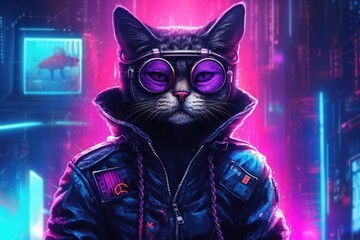 portrait of cat in cyberpunk clothes