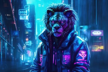 portrait of lion in cyberpunk clothes