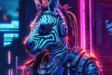 portrait of zebra in cyberpunk clothes