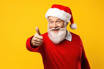 Fototapeta na wymiar Portrait of Santa Claus showing thumbs up, isolated on yellow background.Generative Ai