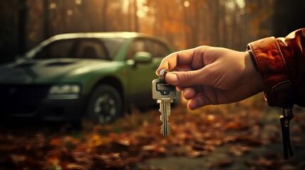A hand holding a key on the background of a car.