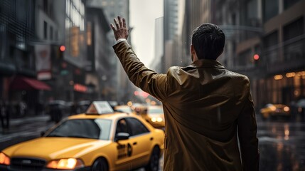 Obraz na płótnie Canvas A man in the rain on the street in a modern city stops a taxi by raising his hand .