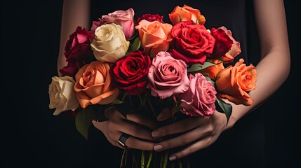 Women's hands holding a bouquet of flowers, close-up.