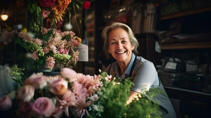 A smiling woman aged florist among flowers and plants in her flower shop.