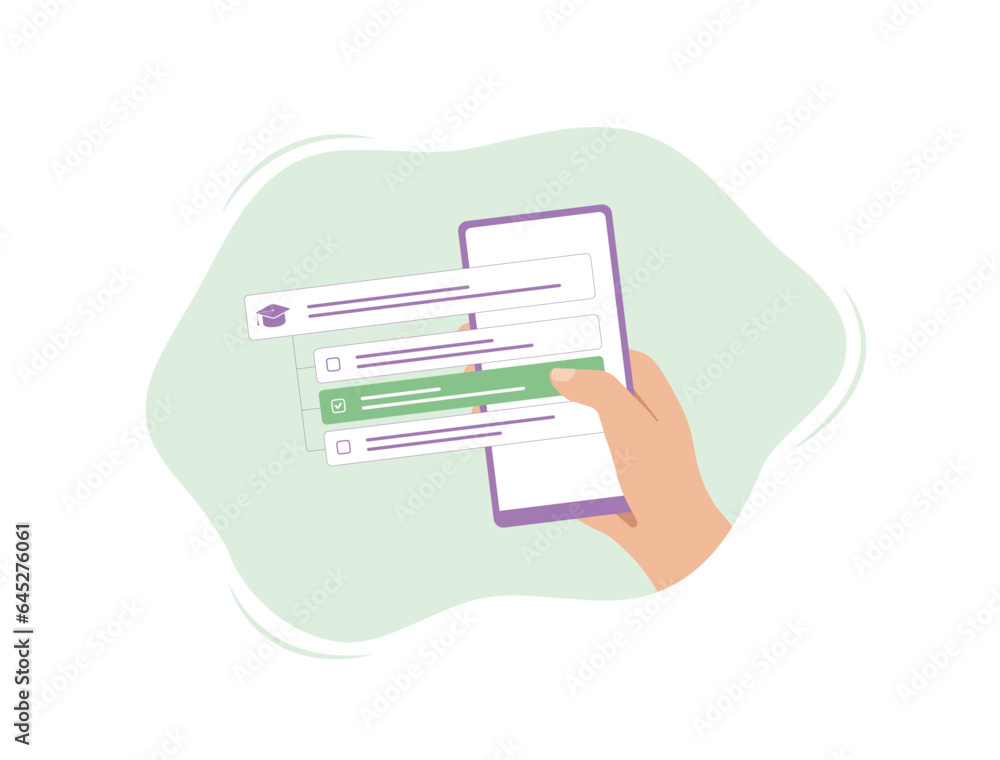 Aufkleber online exam with mobile phone app concept. internet surveys and quiz. e-learning and distant educati