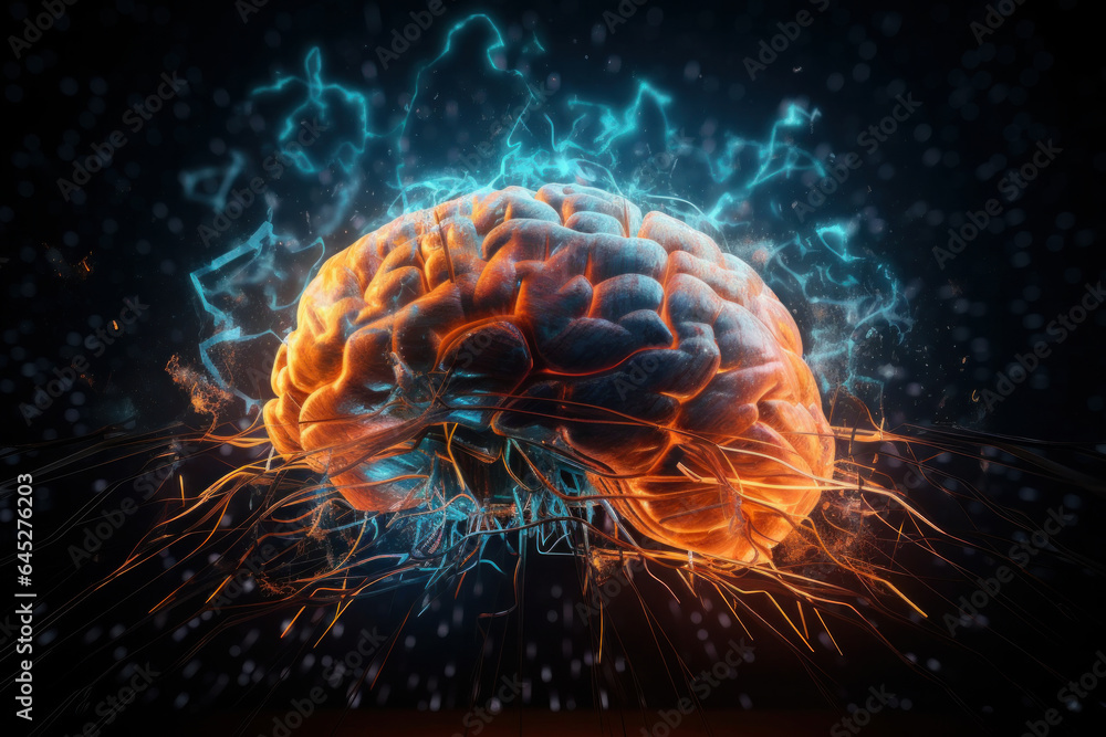 Poster futuristic blue digital brain with a line of energy representing the power of artificial intelligenc
