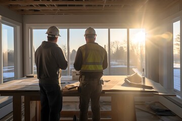 Abendliche Bauarbeiten: Handwerker beim Trockenbau im Dämmerlicht