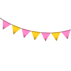 Fototapeta na wymiar Pink and yellow colour bunting pennants image with transparent background.
