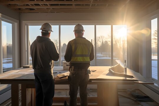 Abendliche Bauarbeiten: Handwerker beim Trockenbau im D&auml;mmerlicht
