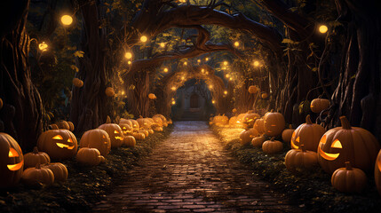Halloween spooky background, scary pumpkin faces. Creepy and scary road with trees in October, dark night, autumn. Happy Halloween outdoor background concept. - obrazy, fototapety, plakaty