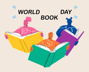 World Book Day. Young people reading books. Book lovers, fans of literature. Colorful vector illustration