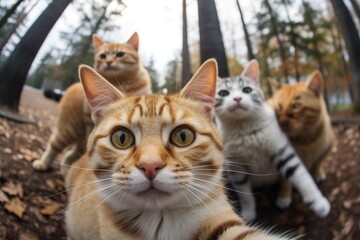Cats taking a selfie on a blurred background. A group funny cats, Generative AI
