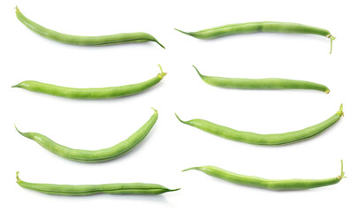 Green beans, black-eyed beans, black eyed pea pods, cowpea, object isolated on white background