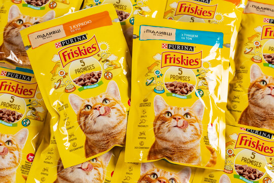 July 2023. Dnipro, Ukraine: Many Friskies packs of pets meal. Friskies owned by Nestle Purina PetCare Company, a subsidiary of Nestle global