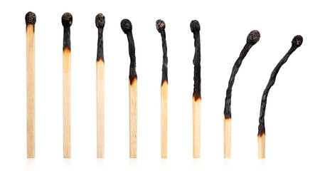 Burnt matches isolated on white. Box of matches. Different stages of match burning Burnt matches. Full depth of field.