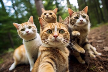 Cats taking a selfie on a blurred background. A group funny cats, Generative AI