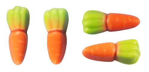 Collection of jelly carrots candies isolated on a white background. Colorful fruit gum candies.