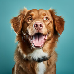 Beautiful nova scotia duck tolling retriever dog isolated on a blue turquoise background. dog studio portrait. front view. Made with generative ai