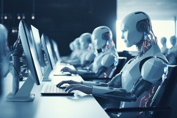 Tech-integrated office: Humanoid robot typing at a computer, representing the future IT team, call centers, and advanced technology-driven work. - obrazy, fototapety, plakaty