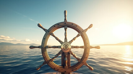 Steering Freedom and Adventure: Ship Wheel on Boat Amidst Vast Sea and Sky, A Symbol of Direction and Exploration. - obrazy, fototapety, plakaty